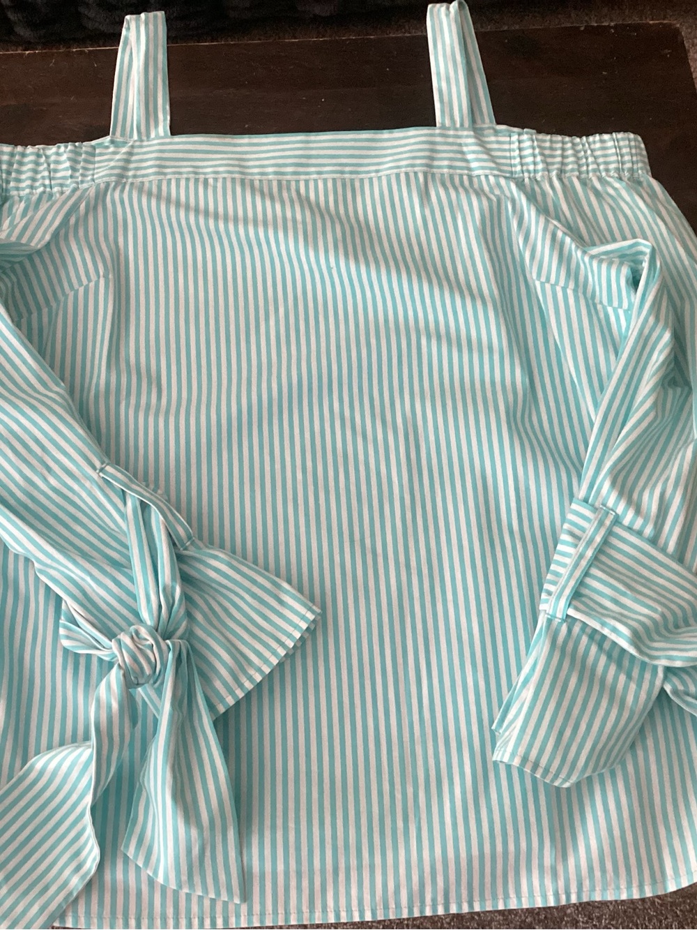 Michael Kors Aqua and White Striped Off-Shoulder Tie Sleeve Top